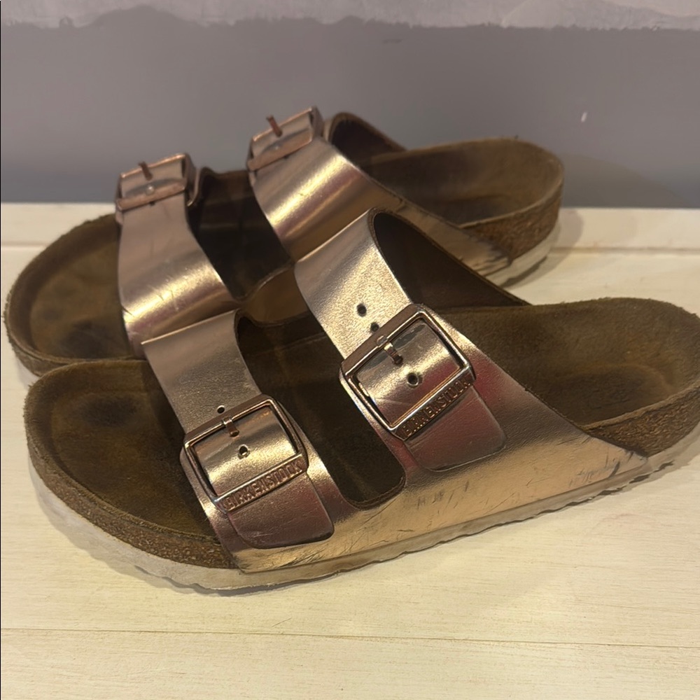 Birkenstocks rose gold metallic